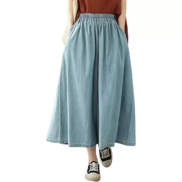 chouyatou Womens Summer Casual Denim Culottes Pants Baggy High Waist Wide Leg Palazzo JeansLight Blue