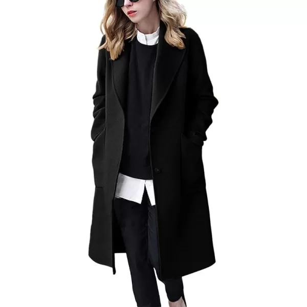 chouyatou Womens Winter Casual Single Breasted Long Wool Coat Formal Office Wool OvercoatBlack