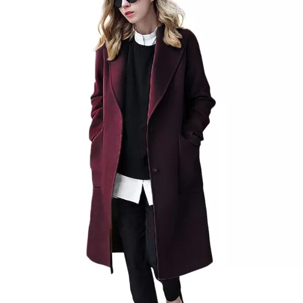 chouyatou Womens Winter Casual Single Breasted Long Wool Coat Formal Office Wool OvercoatWine Red