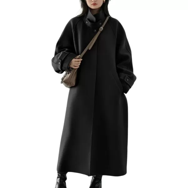 chouyatou Womens Winter Hidden Single Breasted Wool Coat Raglan Sleeve Business Long Wool OvercoatBlack