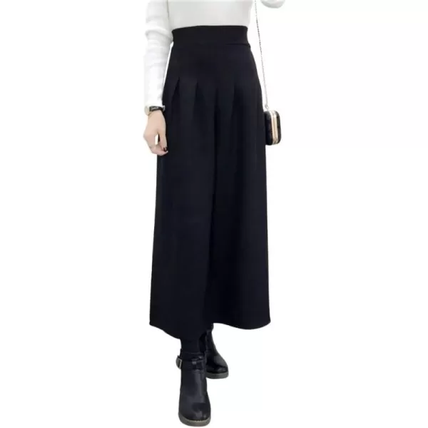chouyatou Womens Winter High Waist Wide Leg Plaid Wool Blend Palazzo Capri Pants Culottes with PocketsBlack