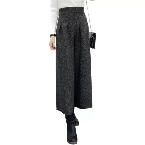 chouyatou Womens Winter High Waist Wide Leg Plaid Wool Blend Palazzo Capri Pants Culottes with PocketsDark Gray