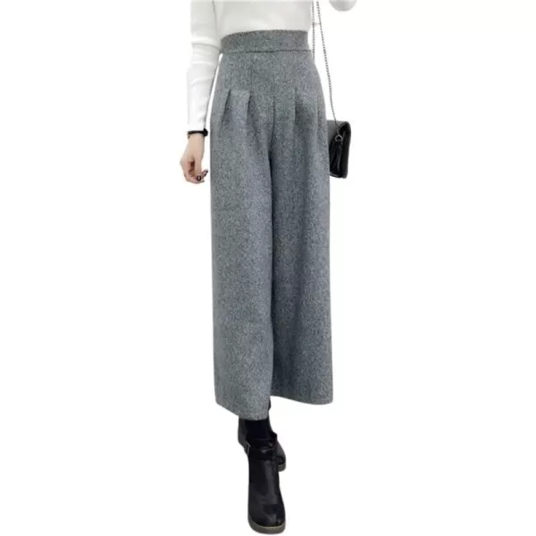 chouyatou Womens Winter High Waist Wide Leg Plaid Wool Blend Palazzo Capri Pants Culottes with PocketsLight Gray