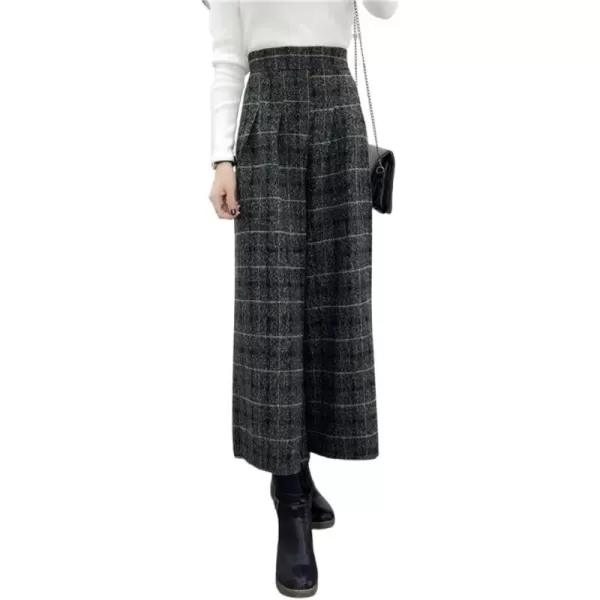 chouyatou Womens Winter High Waist Wide Leg Plaid Wool Blend Palazzo Capri Pants Culottes with PocketsPlaid
