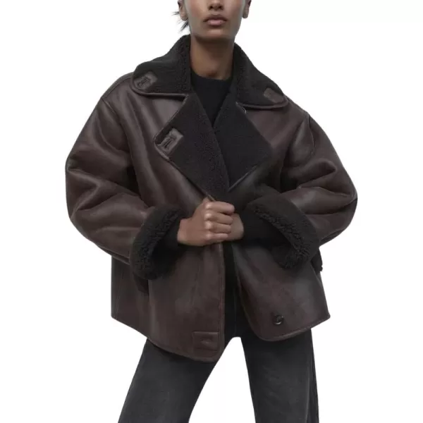 chouyatou Womens Winter Sherpa Lined Faux Leather Jacket Casual Motorcycle Oversized Leather JacketBrown
