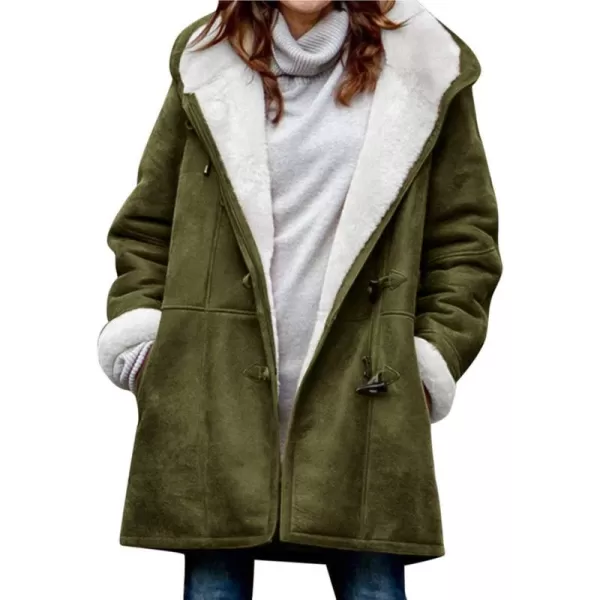 chouyatou Womens Winter Warm Sherpa Lined Suede Leather Longline Coat with Horn ButtonsArmy Green