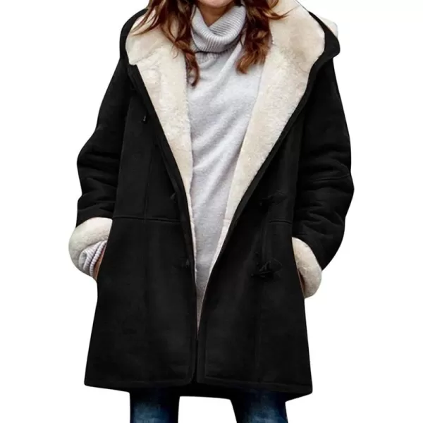 chouyatou Womens Winter Warm Sherpa Lined Suede Leather Longline Coat with Horn ButtonsBlack