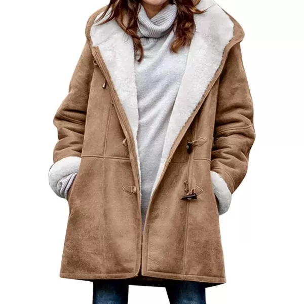 chouyatou Womens Winter Warm Sherpa Lined Suede Leather Longline Coat with Horn ButtonsCamel