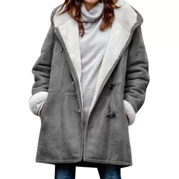 chouyatou Womens Winter Warm Sherpa Lined Suede Leather Longline Coat with Horn ButtonsGrey