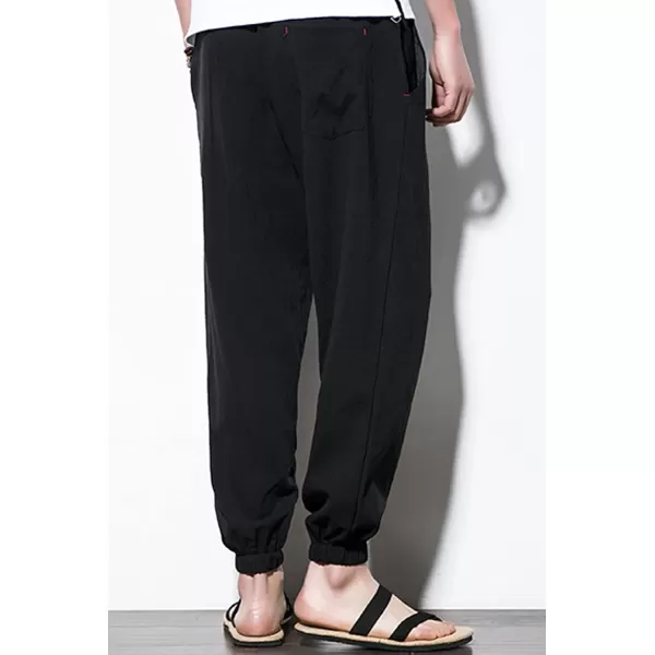 chouyatou Mens Casual Stretched Waist Relaxed Fit Lightweight Tapered Legs Linen Jogger Capri PantBlack