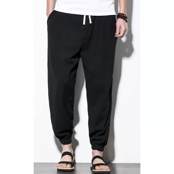 chouyatou Mens Casual Stretched Waist Relaxed Fit Lightweight Tapered Legs Linen Jogger Capri PantBlack