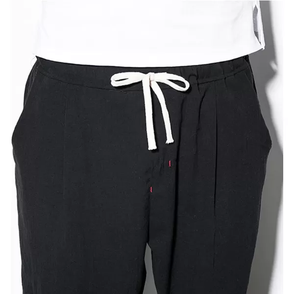 chouyatou Mens Casual Stretched Waist Relaxed Fit Lightweight Tapered Legs Linen Jogger Capri PantBlack