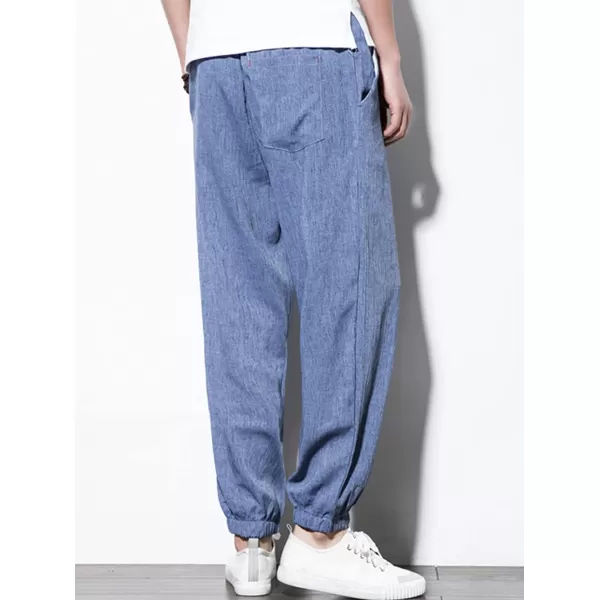 chouyatou Mens Casual Stretched Waist Relaxed Fit Lightweight Tapered Legs Linen Jogger Capri PantBlue