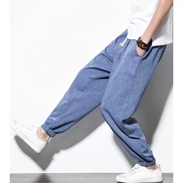 chouyatou Mens Casual Stretched Waist Relaxed Fit Lightweight Tapered Legs Linen Jogger Capri PantBlue