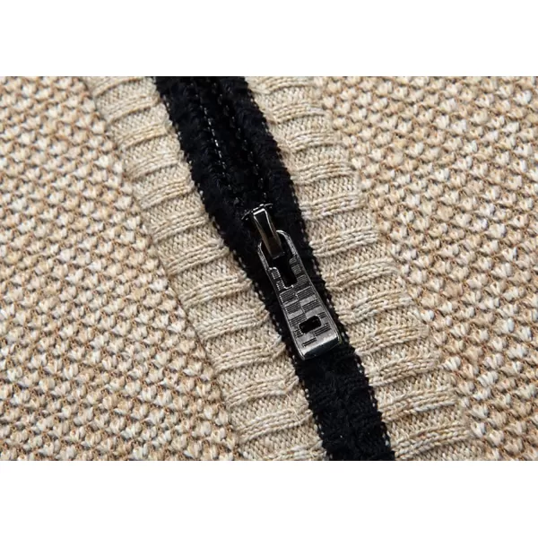 chouyatou Mens Classic Band Collar Full Zip ColorBlock Stripe Cable Knitted Cardigan Sweater CoatBapricot