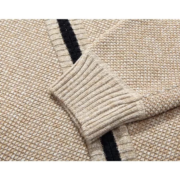 chouyatou Mens Classic Band Collar Full Zip ColorBlock Stripe Cable Knitted Cardigan Sweater CoatBapricot