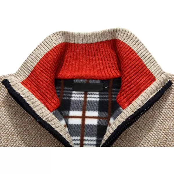 chouyatou Mens Classic Band Collar Full Zip ColorBlock Stripe Cable Knitted Cardigan Sweater CoatBapricot