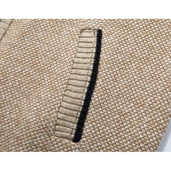 chouyatou Mens Classic Band Collar Full Zip ColorBlock Stripe Cable Knitted Cardigan Sweater CoatBapricot