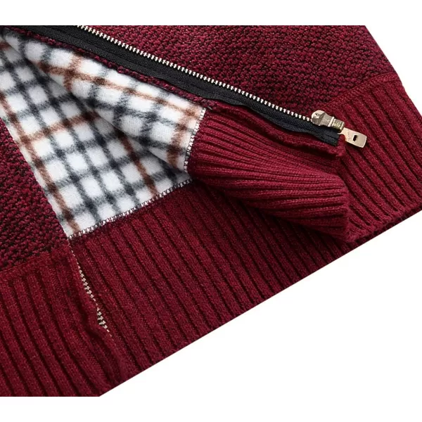 chouyatou Mens Classic Band Collar Full Zip ColorBlock Stripe Cable Knitted Cardigan Sweater CoatDark Red