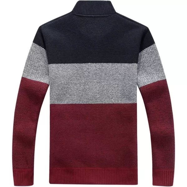chouyatou Mens Classic Band Collar Full Zip ColorBlock Stripe Cable Knitted Cardigan Sweater CoatDark Red