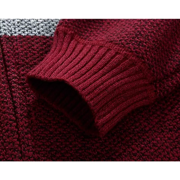 chouyatou Mens Classic Band Collar Full Zip ColorBlock Stripe Cable Knitted Cardigan Sweater CoatDark Red