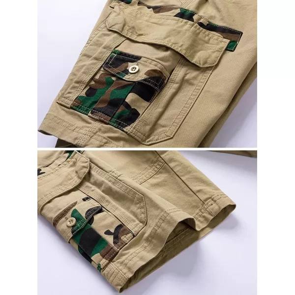 chouyatou Mens Summer Military Flat Front Camo Print Spliced Twill Cargo ShortsKhaki