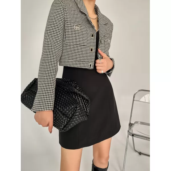 chouyatou Women Fall Elegant Business Casual Crop Tweed Blazer Jacket Open Front Short Houndstooth SuitBlack