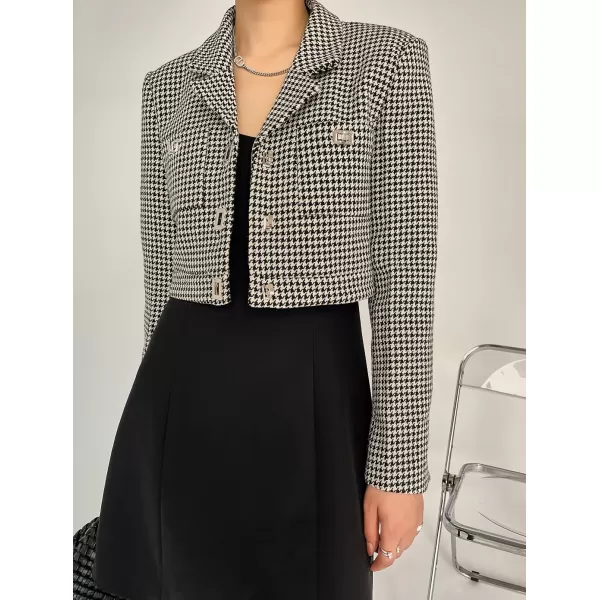 chouyatou Women Fall Elegant Business Casual Crop Tweed Blazer Jacket Open Front Short Houndstooth SuitBlack