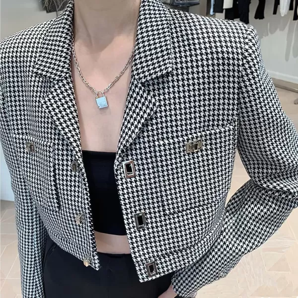 chouyatou Women Fall Elegant Business Casual Crop Tweed Blazer Jacket Open Front Short Houndstooth SuitBlack
