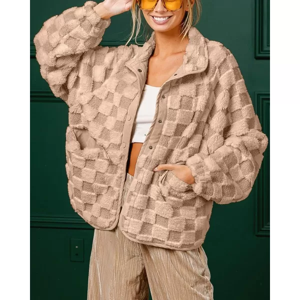 chouyatou Women Winter Casual Checkered Fleece Jacket Fuzzy Oversized Sherpa Jacket Shacket Faux Fur CoatDark Khaki