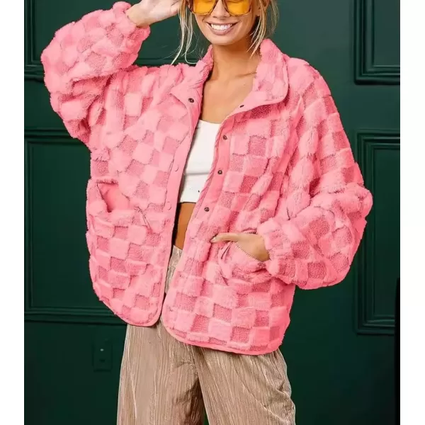 chouyatou Women Winter Casual Checkered Fleece Jacket Fuzzy Oversized Sherpa Jacket Shacket Faux Fur CoatPink
