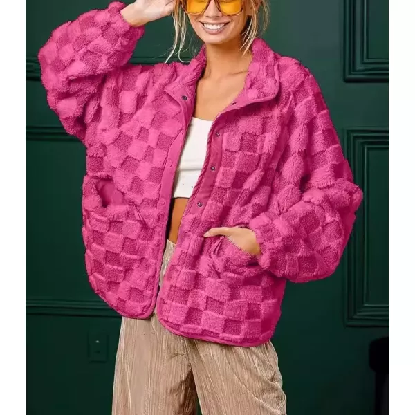 chouyatou Women Winter Casual Checkered Fleece Jacket Fuzzy Oversized Sherpa Jacket Shacket Faux Fur CoatRose