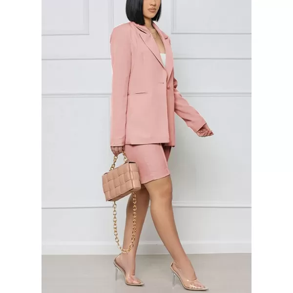 chouyatou Womens 2 Piece Outfits Candy Color One Button Blazer Jacket Shorts Office Work SetPink