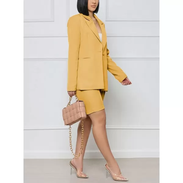 chouyatou Womens 2 Piece Outfits Candy Color One Button Blazer Jacket Shorts Office Work SetYellow