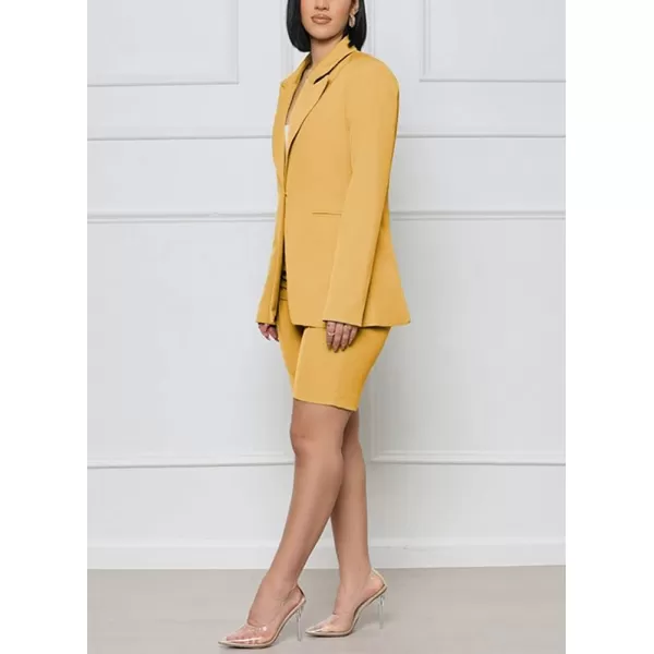 chouyatou Womens 2 Piece Outfits Candy Color One Button Blazer Jacket Shorts Office Work SetYellow