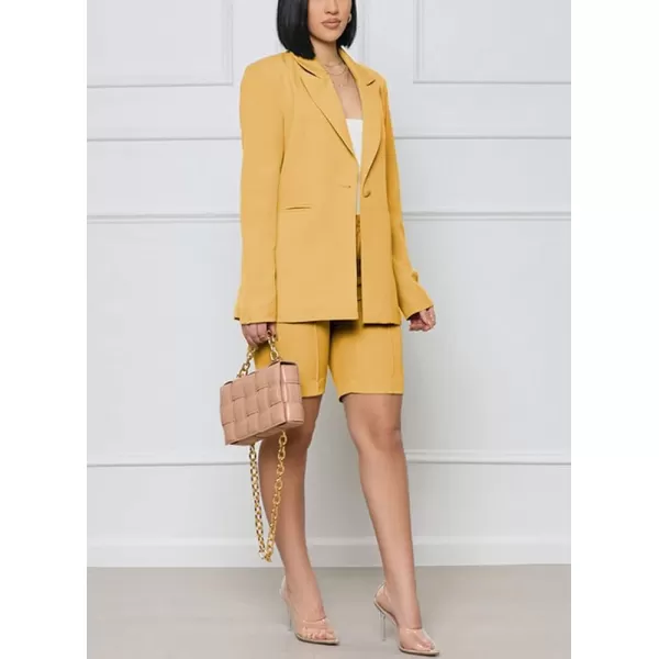 chouyatou Womens 2 Piece Outfits Candy Color One Button Blazer Jacket Shorts Office Work SetYellow