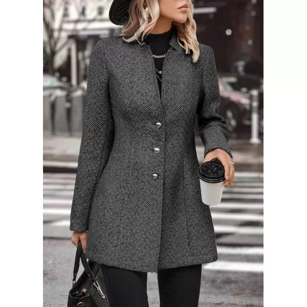 chouyatou Womens Business Casual Herringbone Wool Coat Button Up Notch Collar Dressy Blazer JacketDark Grey