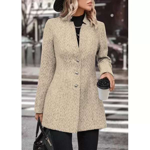 chouyatou Womens Business Casual Herringbone Wool Coat Button Up Notch Collar Dressy Blazer JacketKhaki