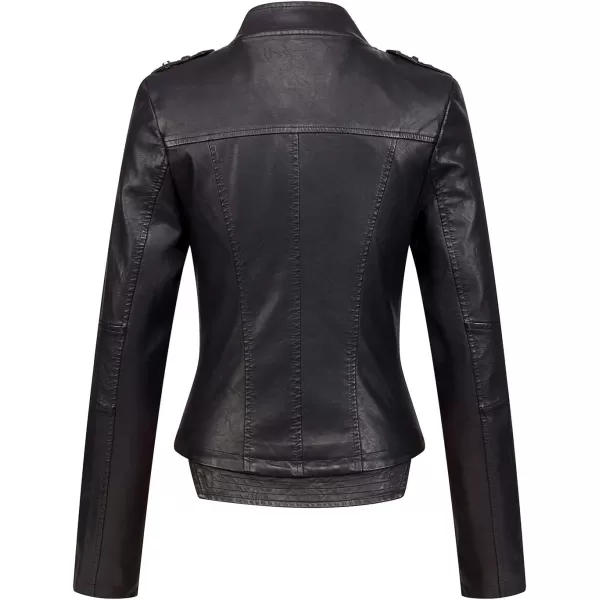 chouyatou Womens Candy Color Asymmetric Zip Slim Faux Leather Cropped Moto JacketBlack