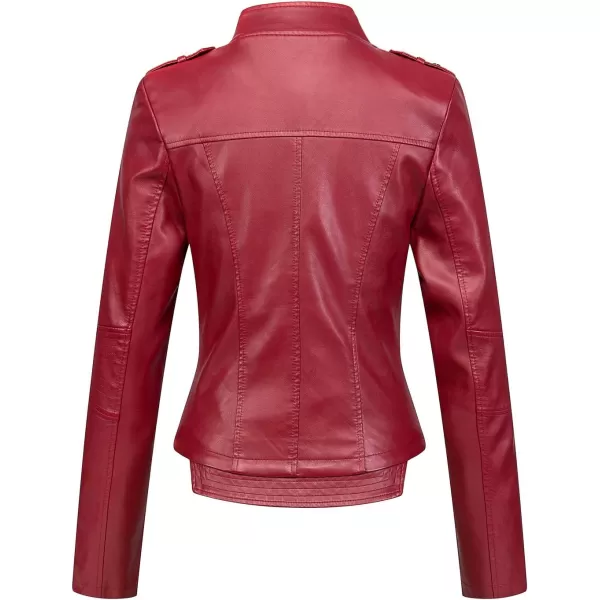 chouyatou Womens Candy Color Asymmetric Zip Slim Faux Leather Cropped Moto JacketDark Red