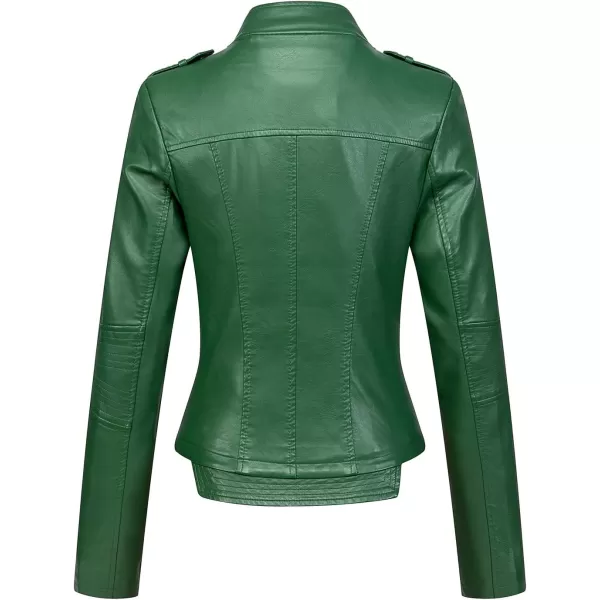 chouyatou Womens Candy Color Asymmetric Zip Slim Faux Leather Cropped Moto JacketGreen