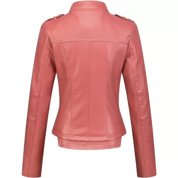 chouyatou Womens Candy Color Asymmetric Zip Slim Faux Leather Cropped Moto JacketPink