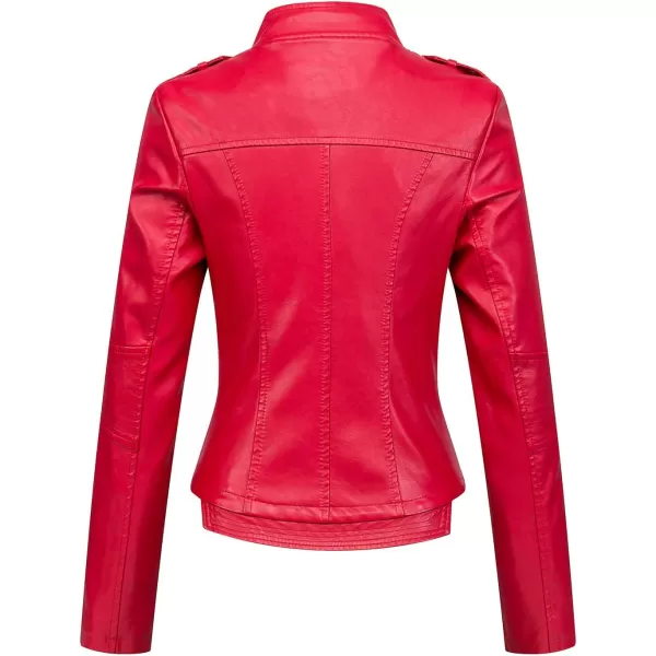 chouyatou Womens Candy Color Asymmetric Zip Slim Faux Leather Cropped Moto JacketRed