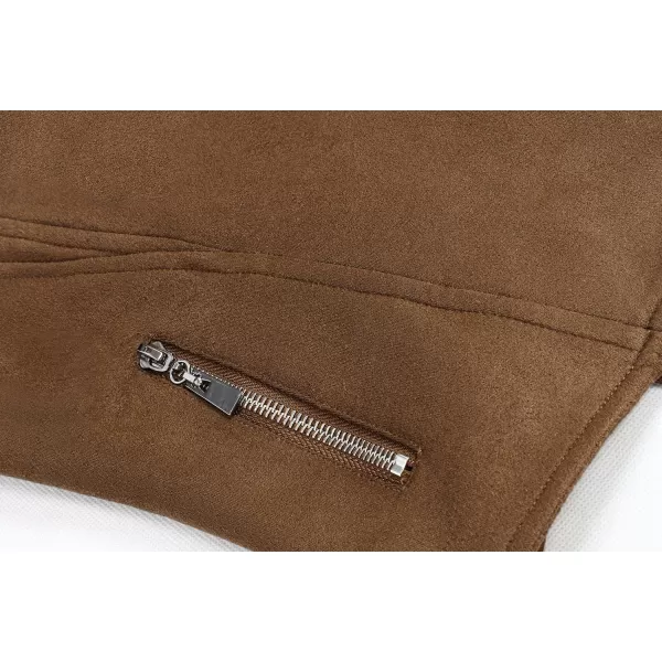 chouyatou Womens Candy Color Asymmetric Zip Slim Faux Leather Cropped Moto JacketSuede Brown