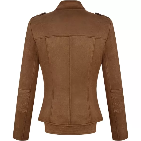 chouyatou Womens Candy Color Asymmetric Zip Slim Faux Leather Cropped Moto JacketSuede Brown