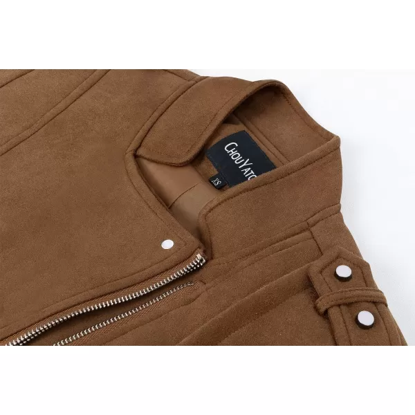 chouyatou Womens Candy Color Asymmetric Zip Slim Faux Leather Cropped Moto JacketSuede Brown
