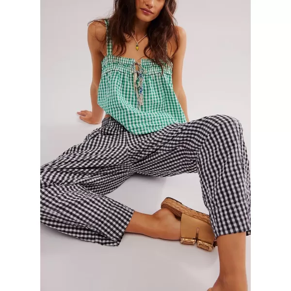 chouyatou Womens Casual Plaid Straight Leg Pant High Waisted Gingham Cropped Palazzo PantsBlack