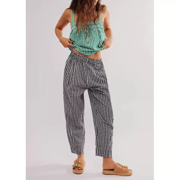 chouyatou Womens Casual Plaid Straight Leg Pant High Waisted Gingham Cropped Palazzo PantsBlack