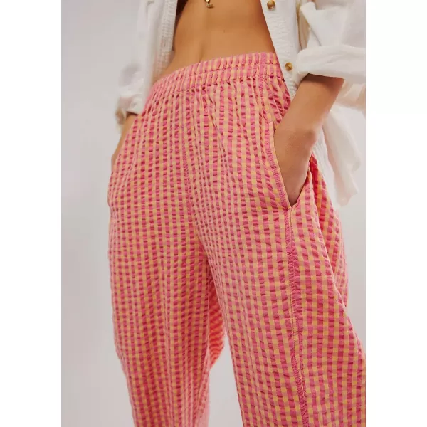 chouyatou Womens Casual Plaid Straight Leg Pant High Waisted Gingham Cropped Palazzo PantsPink