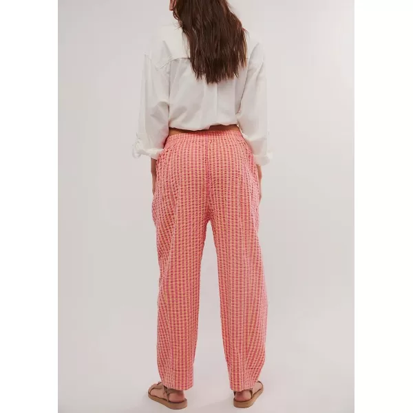 chouyatou Womens Casual Plaid Straight Leg Pant High Waisted Gingham Cropped Palazzo PantsPink